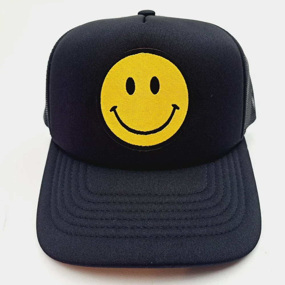 Smiley Face Embroidered Patch Vintage Foam Trucker Mesh Snapback Cap Hat Black